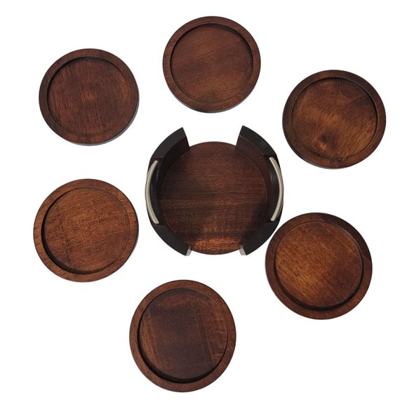 20th Century Modern Dark Wood Coasters in Caddy - 7 Pieces Vintage - Picture 3 of 7